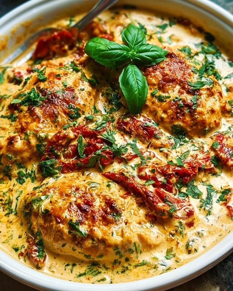 Creamy sundried tomato chicken dish garnished with herbs