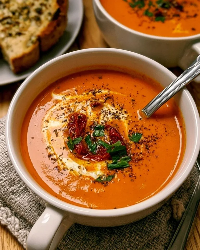 Bowl of creamy tomato soup with roasted garlic garnished with herbs.