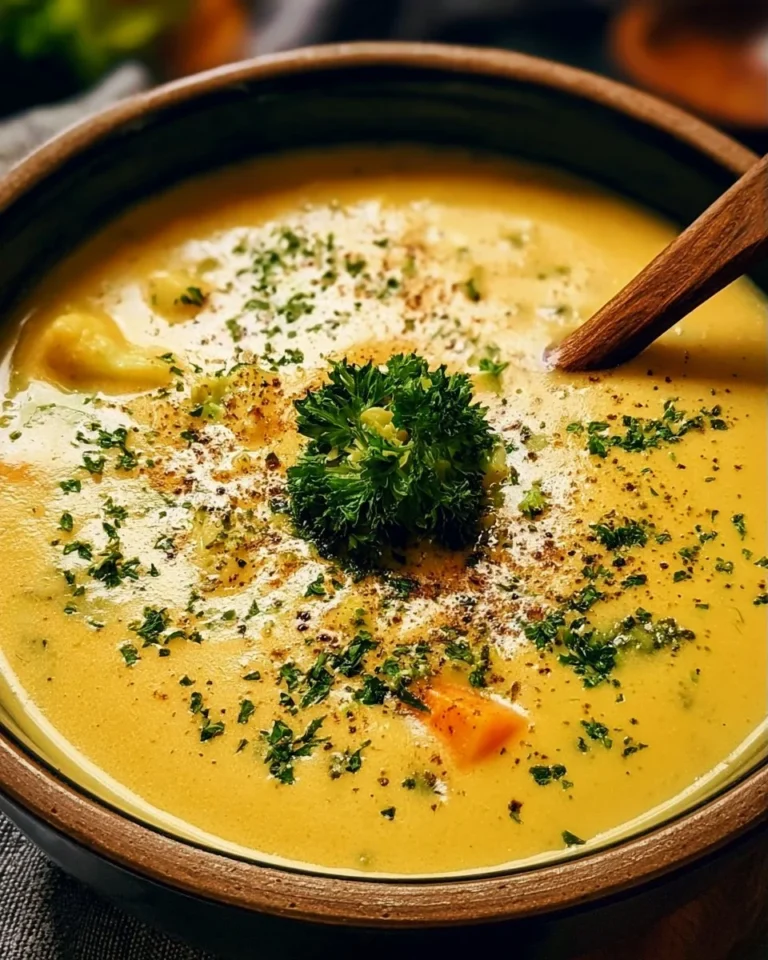 Bowl of creamy vegetable soup garnished with herbs and vegetables