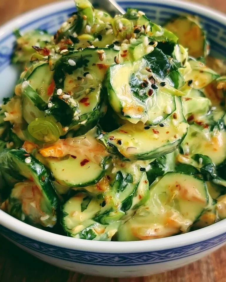 Cucumber salad topped with creamy Asian dressing and fresh herbs