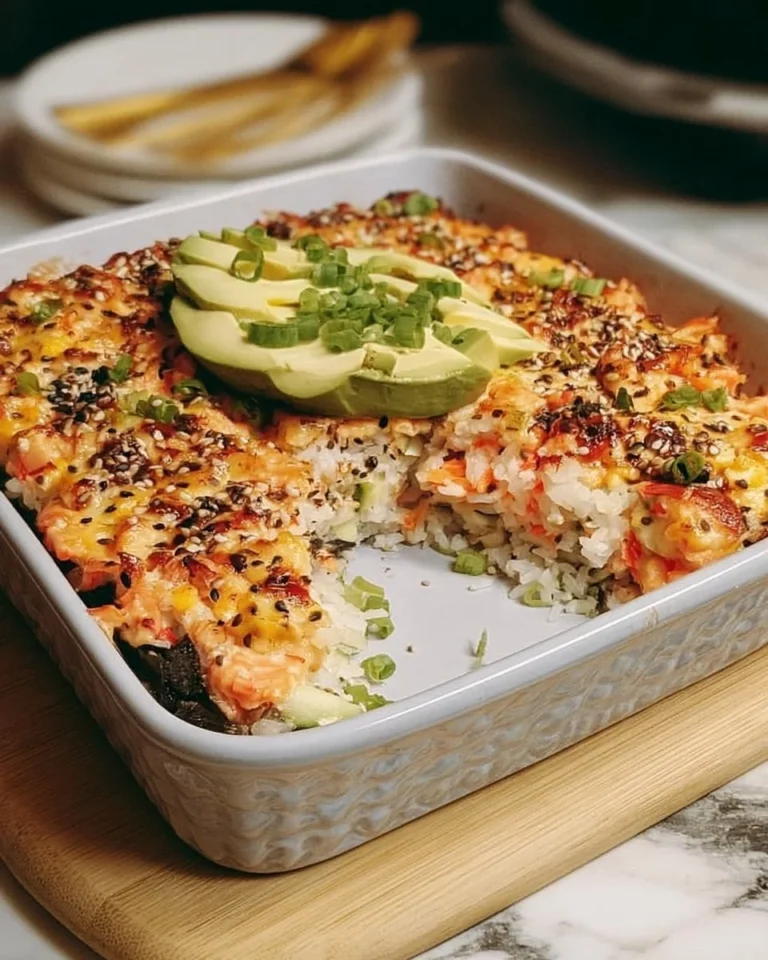 Deconstructed California Roll Sushi Bake ready to serve, showcasing fresh ingredients.