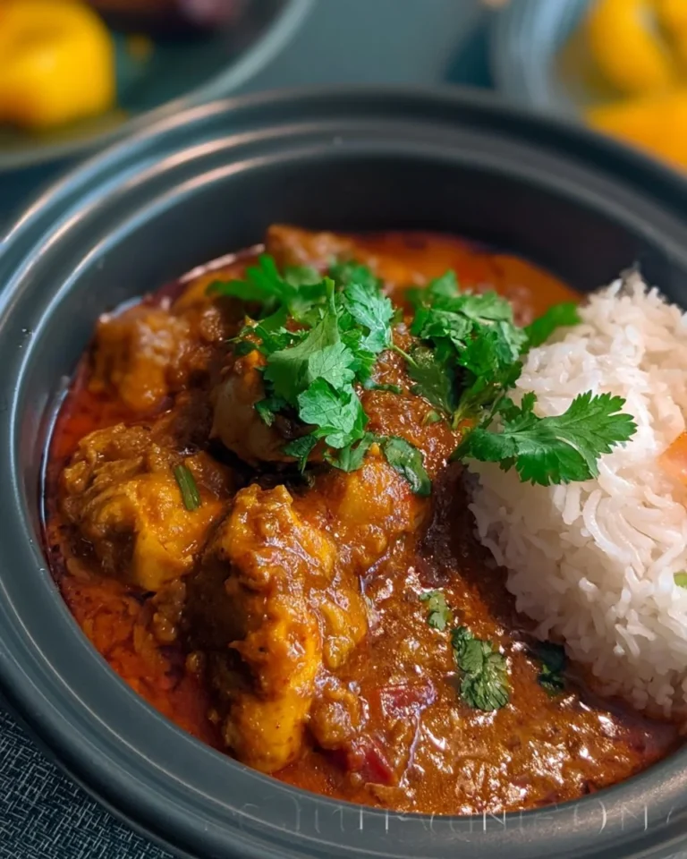 Desi Style Chicken Curry served in a bowl garnished with cilantro