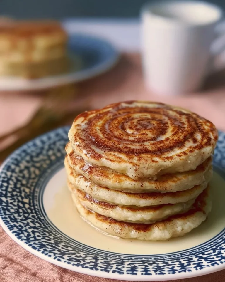 Delicious easy cinnamon swirled pancakes stacked on a plate with syrup