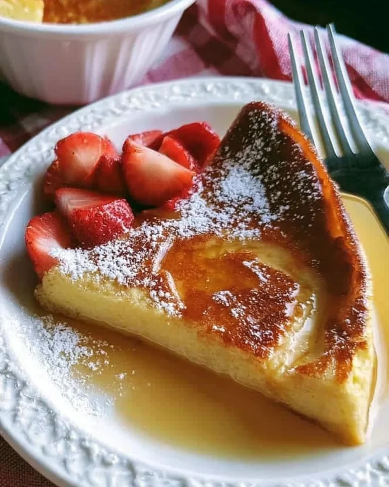 Fluffy easy German pancakes served with fruit and syrup.