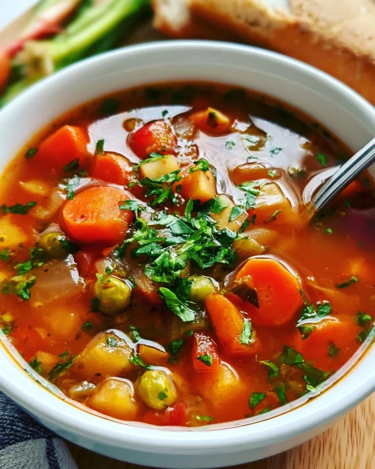 Bowl of colorful vegetable soup made with fresh ingredients