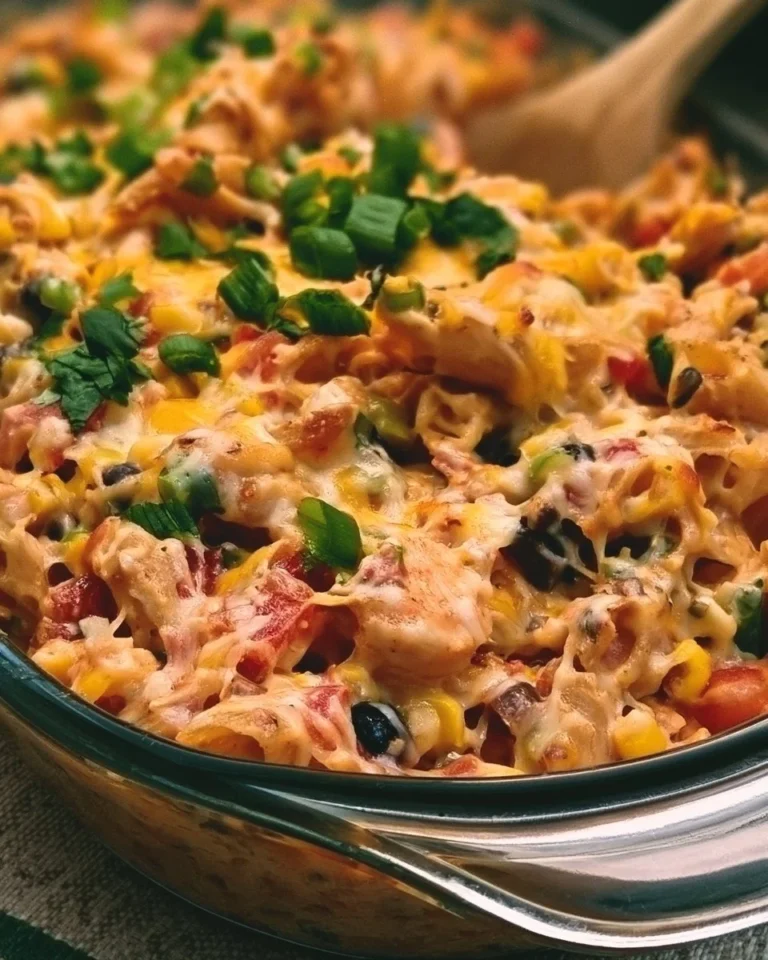 Fiesta Chicken Pasta Casserole featuring colorful ingredients and seasonings.