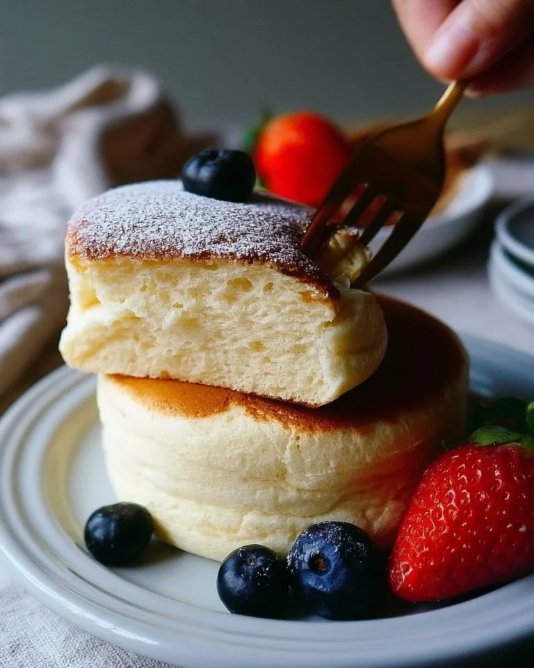 Fluffy Japanese souffle pancakes stacked with syrup and berries on a plate