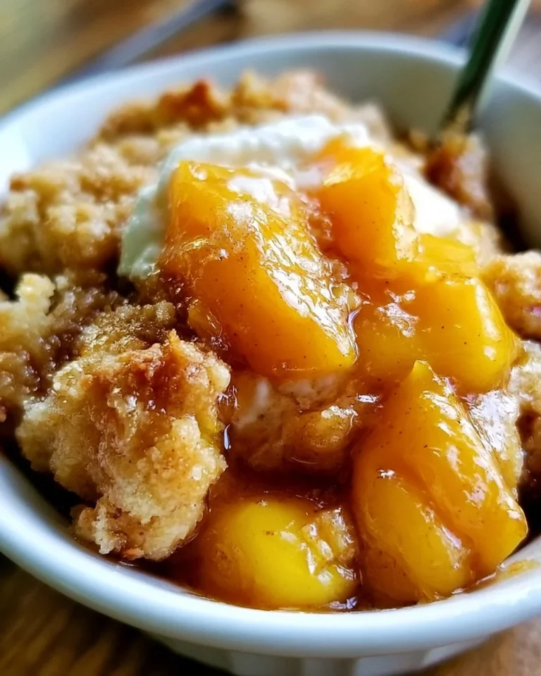 Delicious fresh peach cobbler with golden crust and juicy peach filling