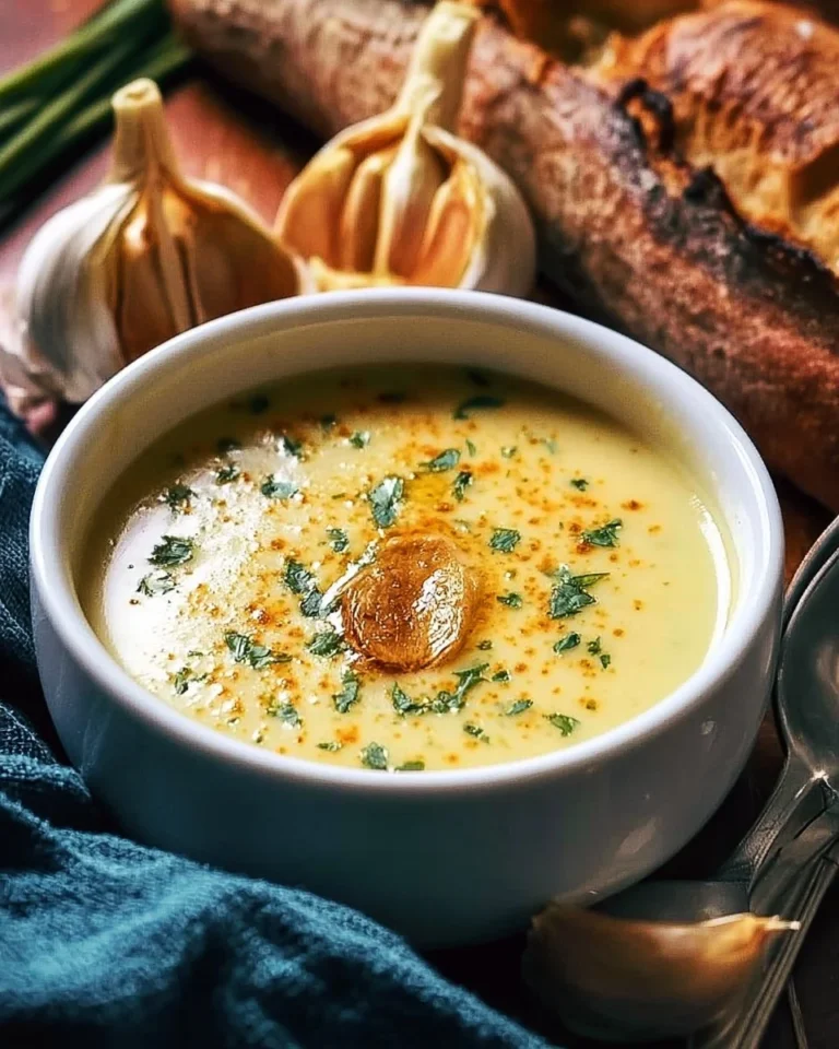 Bowl of delicious homemade garlic soup garnished with herbs