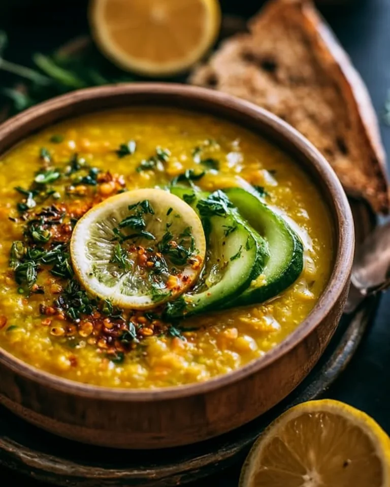 Bowl of Golden Lemon Lentil Soup garnished with fresh herbs