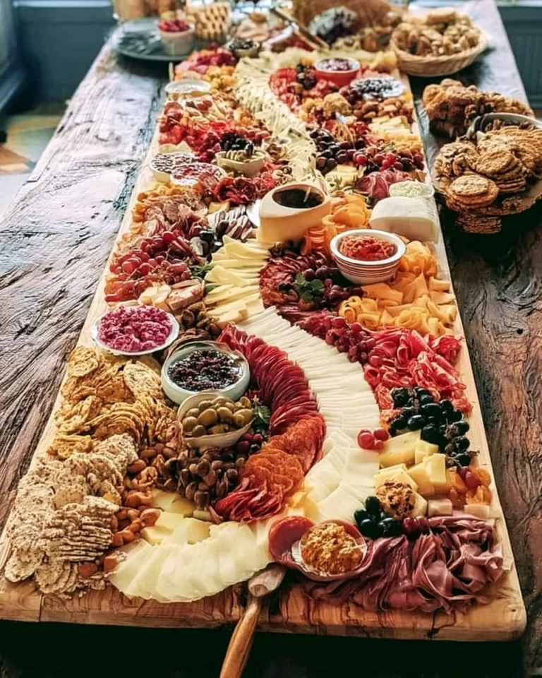 Stylish grazing table full of assorted cheeses, meats, and fruits for an elegant event.