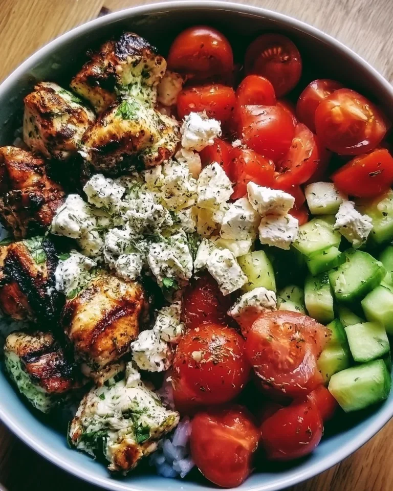 Delicious Greek-style chicken bowl topped with fresh vegetables and feta cheese