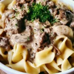 Delicious ground beef stroganoff served over noodles in a creamy sauce.