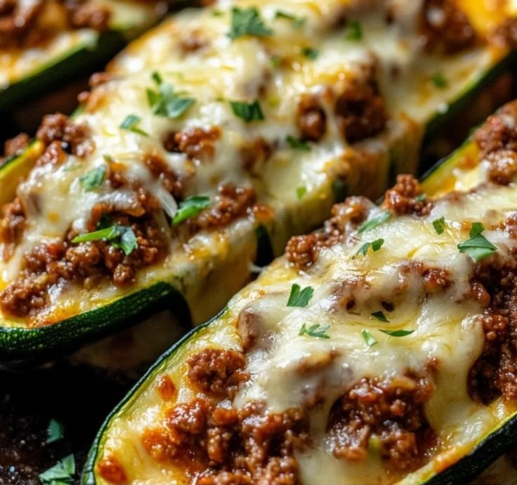 Ground beef stuffed zucchini boats ready to serve, a healthy and tasty dish