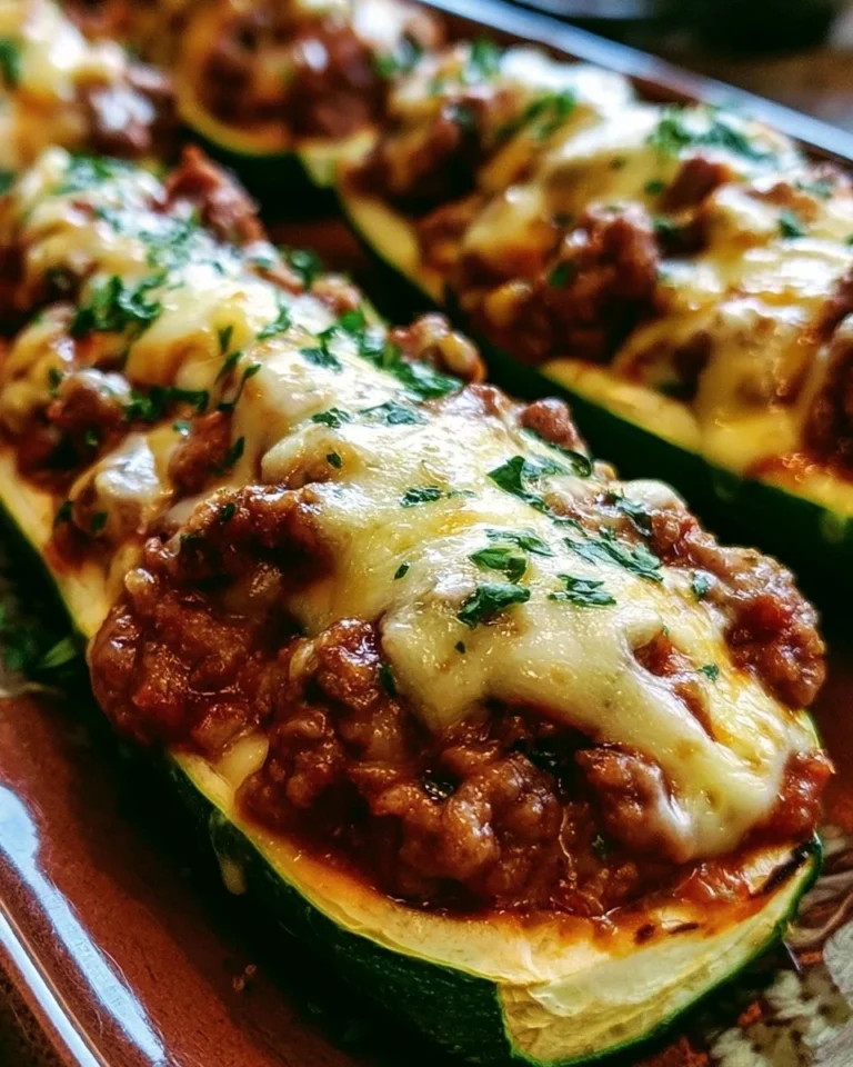 Ground beef stuffed zucchini boats topped with cheese
