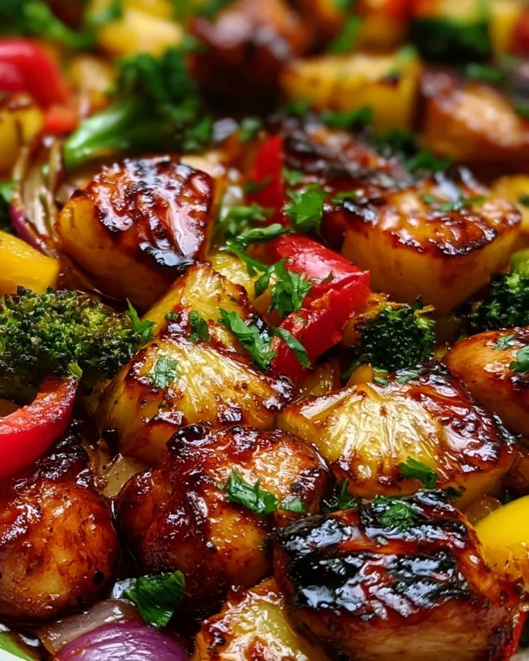 Hawaiian chicken sheet pan with colorful vegetables on a table