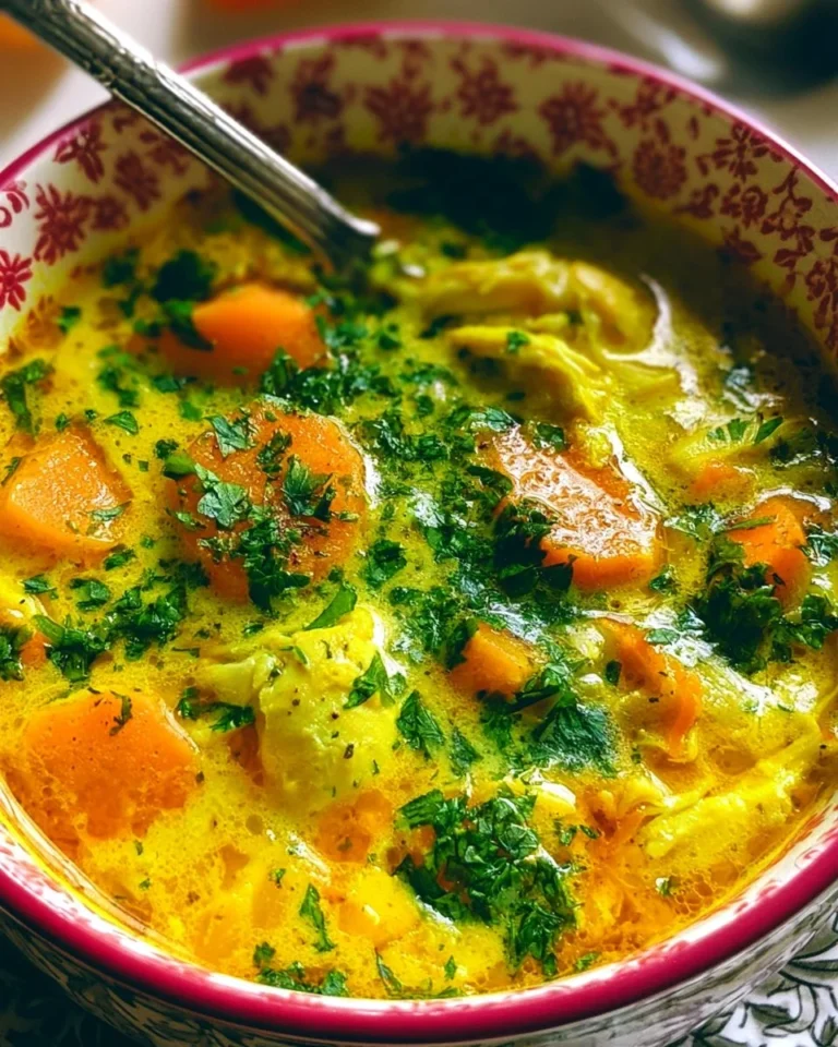 A comforting bowl of healing turmeric chicken soup with spices and herbs.