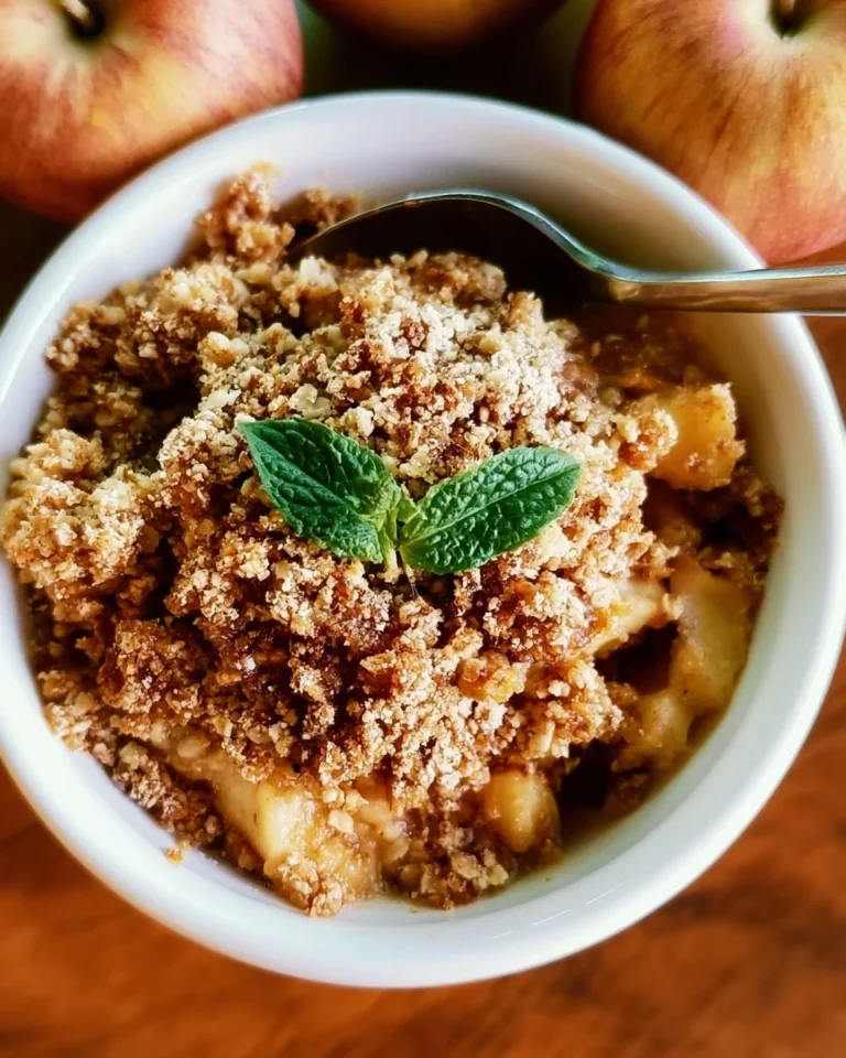 A delicious bowl of healthy breakfast apple crumble topped with oats and fruits.