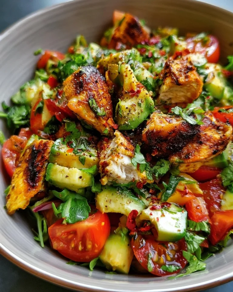 Healthy chicken salad with avocado in a bowl, garnished with fresh greens