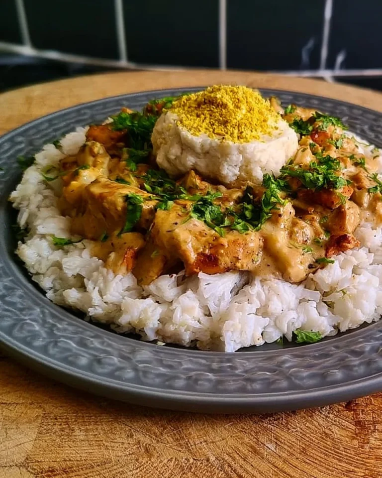Healthy creamy chicken dish with low calories, garnished and ready to serve.