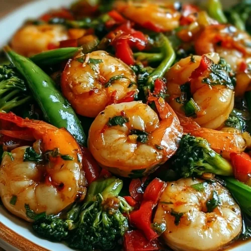 Healthy garlic shrimp stir fry recipe with vibrant vegetables