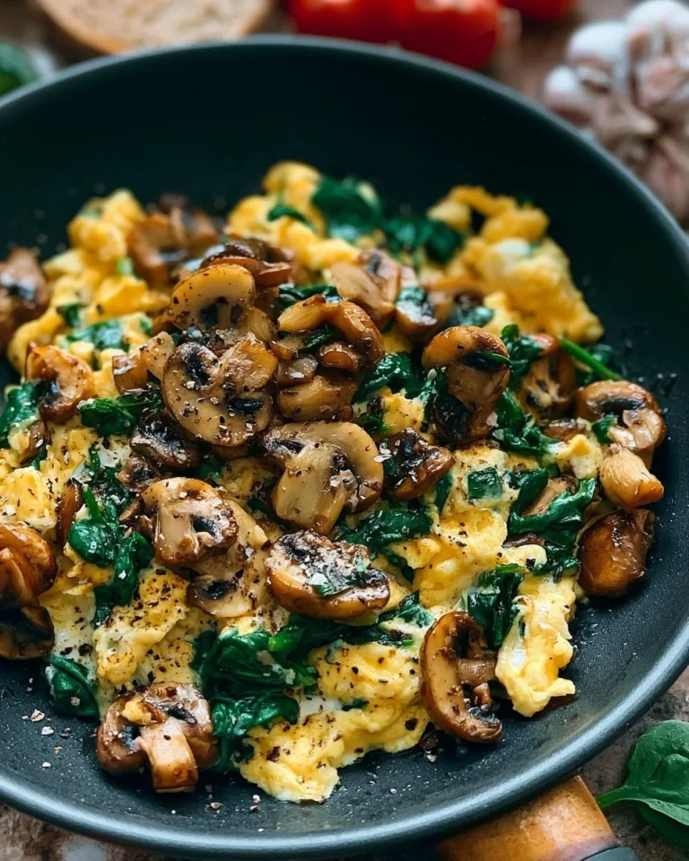 Healthy mushroom breakfast scramble with spinach and eggs in a skillet