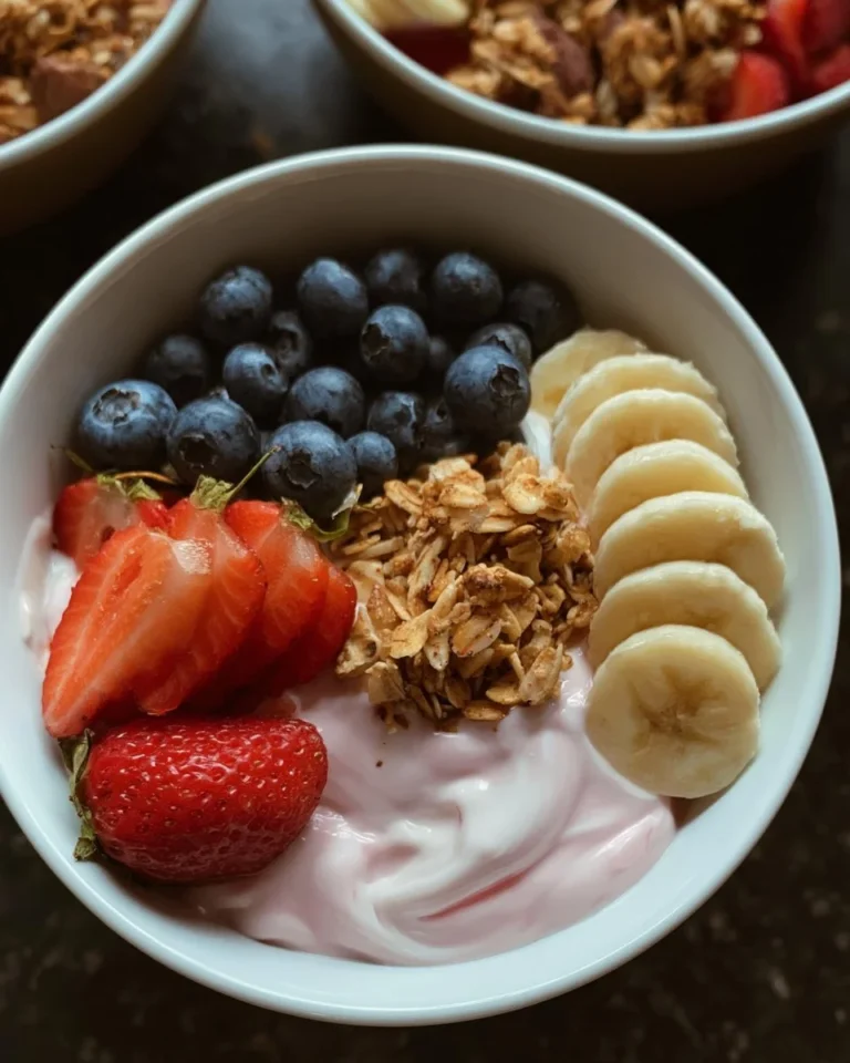 Healthy yogurt bowl with strawberries, banana slices, and granola topping