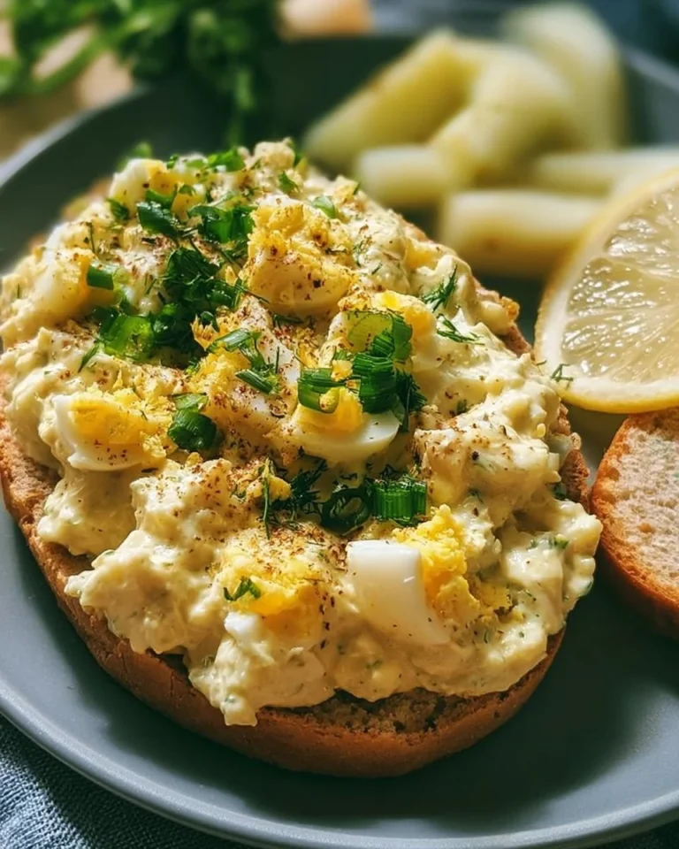 High-protein creamy egg salad in a bowl garnished with herbs.