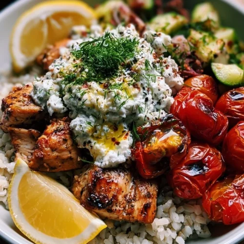 High-Protein Lemon-Dill Mediterranean Chicken Bowl garnished with fresh herbs