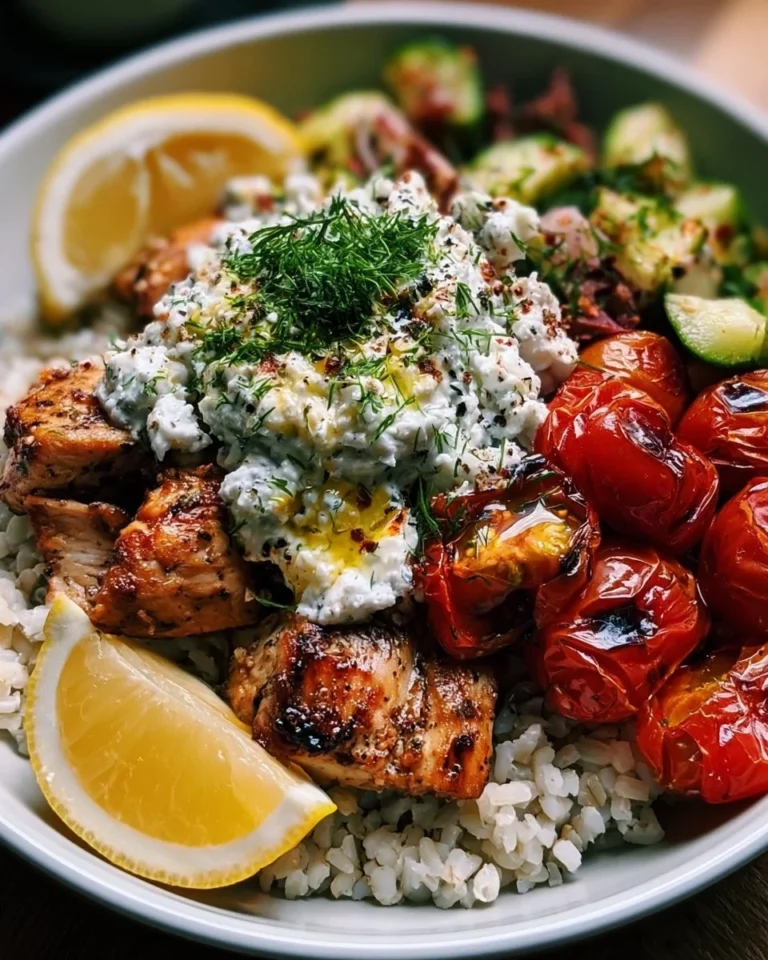 High-Protein Lemon-Dill Mediterranean Chicken Bowl garnished with fresh herbs