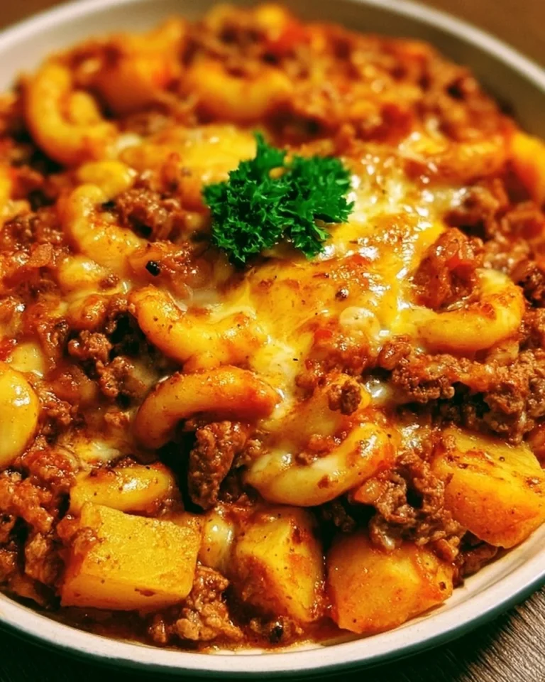 Hobo Casserole with Ground Beef served in a bowl, garnished with herbs.