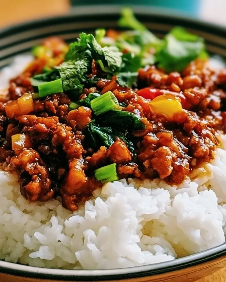 Bowl of honey garlic ground turkey served with vegetables and rice