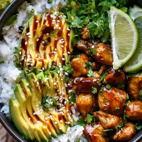 Honey Lime Chicken Avocado Rice Bowl with fresh ingredients