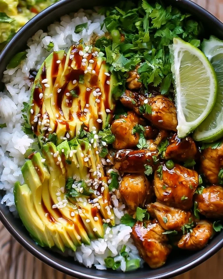 Honey Lime Chicken Avocado Rice Bowl with fresh ingredients