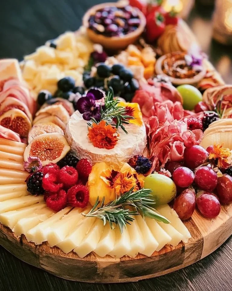 A beautifully arranged charcuterie platter with meats, cheeses, and fruits.