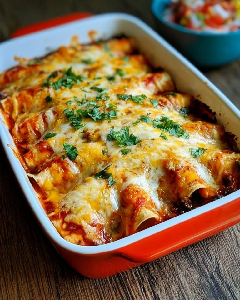 Plate of delicious homemade beef enchiladas topped with cheese and sauces