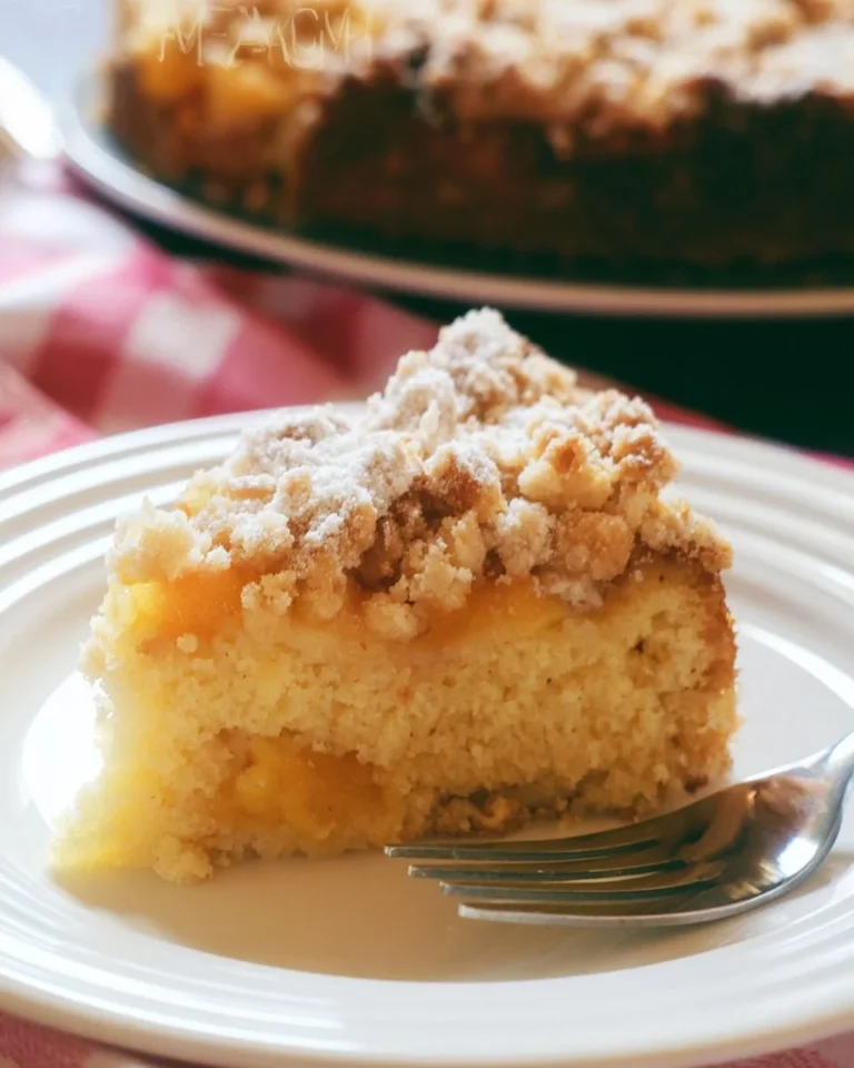 Homemade Italian Peach Crumb Cake with fresh peaches and crumb topping