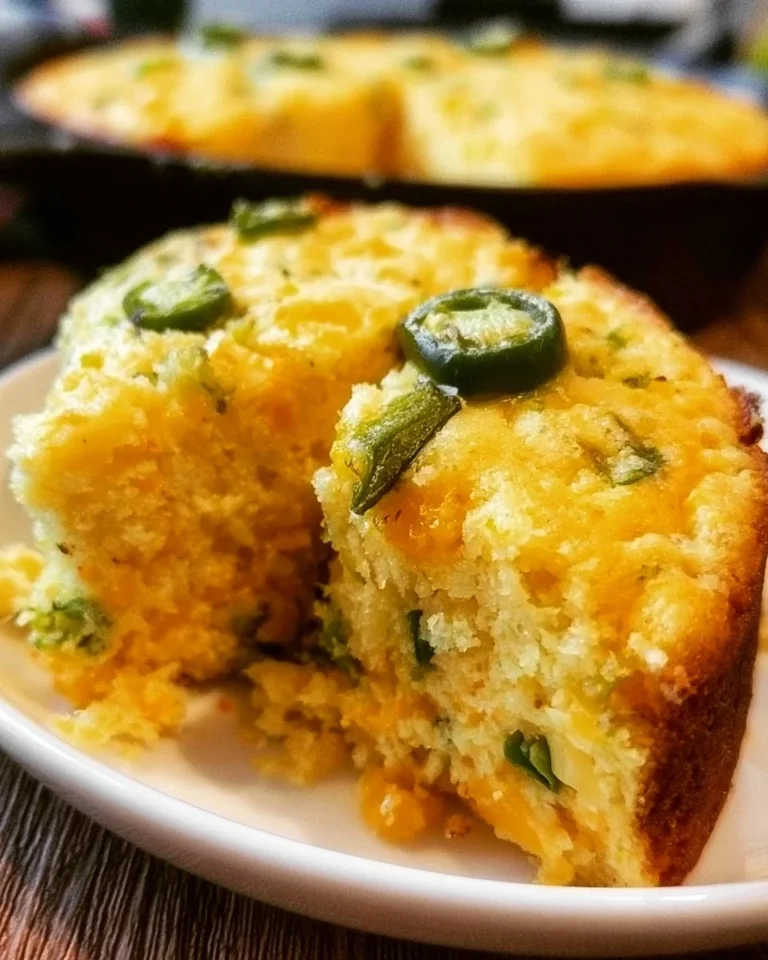 Deliciously baked jalapeno cheddar cornbread served in a rustic setting.