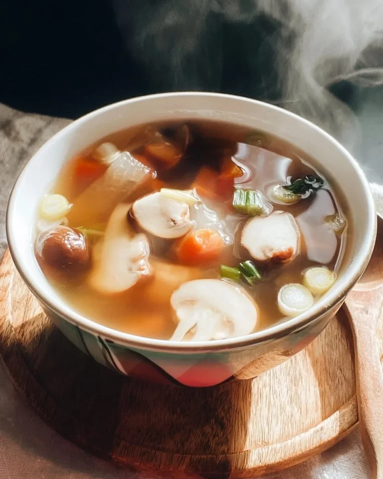 A bowl of delicious Japanese clear soup garnished with green onions and mushrooms