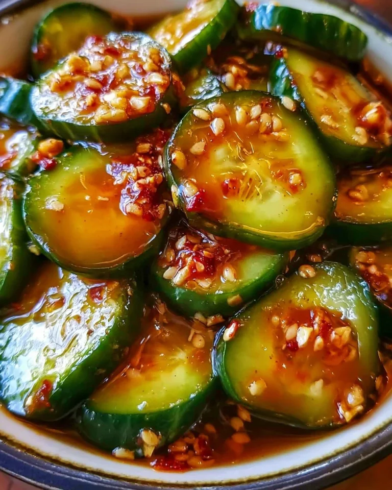 Delicious Korean cucumber salad served in a bowl garnished with sesame seeds.