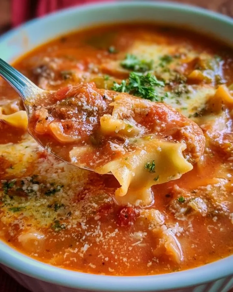 A bowl of comforting homemade lasagna soup topped with cheese and herbs.