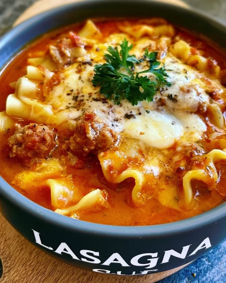 Delicious Lasagna Soup with Italian sausage and tender noodles in a bowl