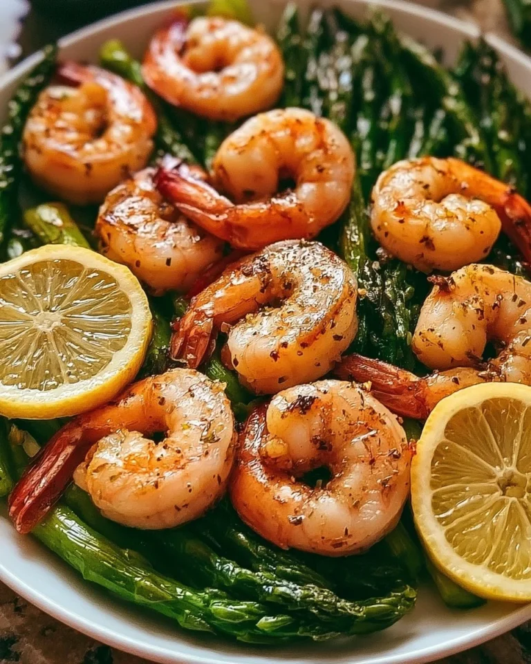 Lemon Garlic Shrimp served with asparagus on a plate