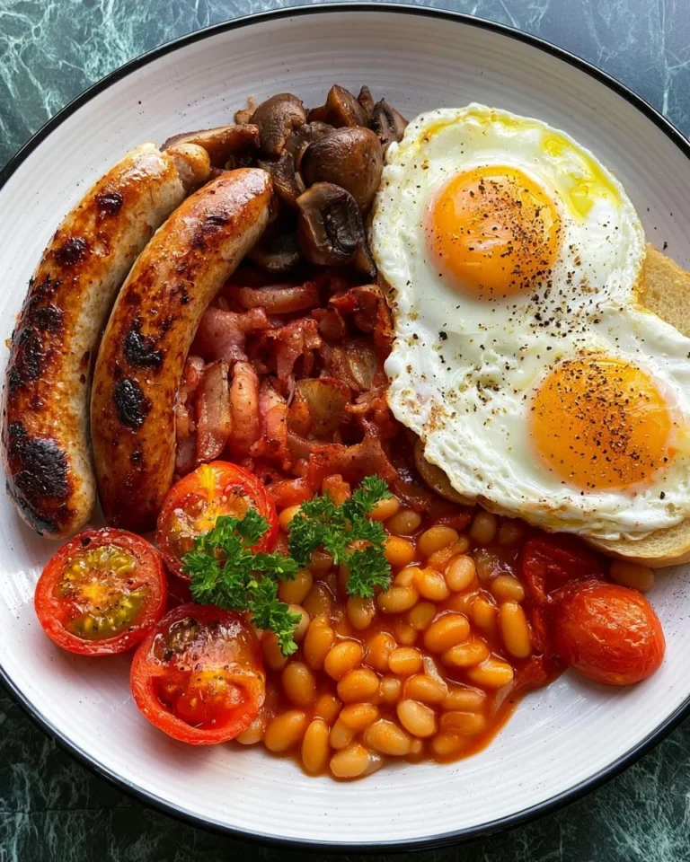 Plate of a traditional Full English Breakfast with eggs, bacon, and sausages