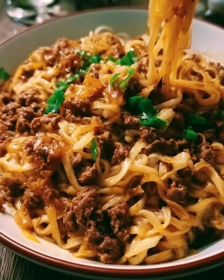 Delicious plate of Mongolian Ground Beef Noodles garnished with herbs