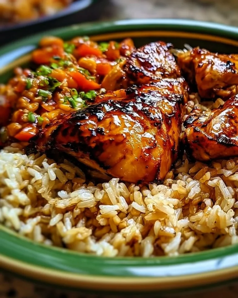 Delicious one-pan honey BBQ chicken served with rice and fresh vegetables.