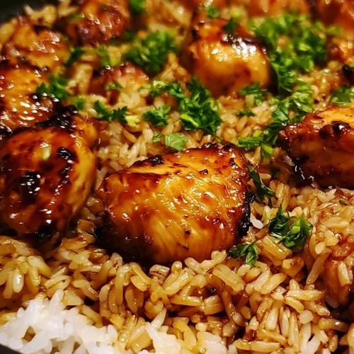 One-Pan Honey BBQ Chicken served with fluffy rice, garnished with herbs.