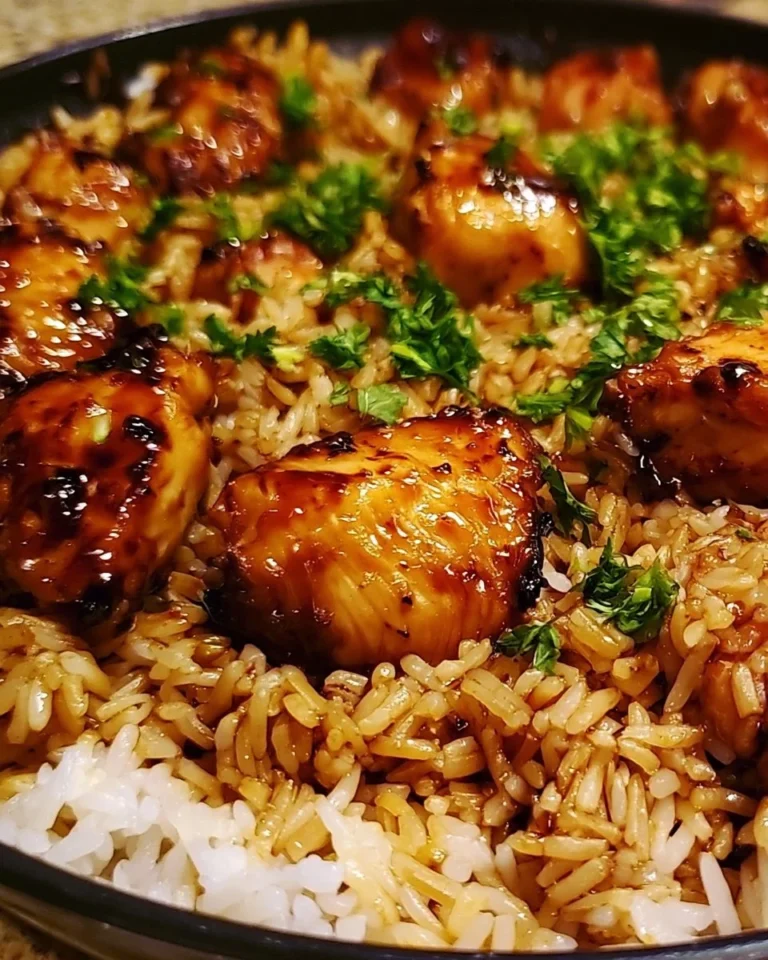 One-Pan Honey BBQ Chicken served with fluffy rice, garnished with herbs.