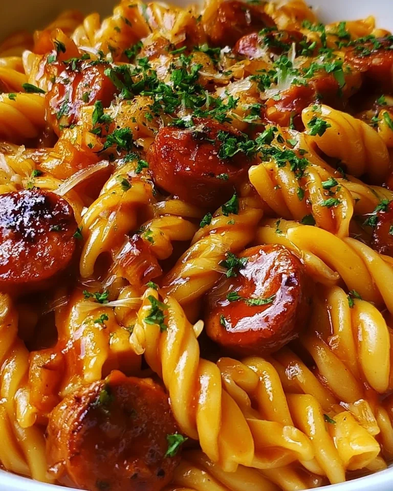 One-pot honey BBQ sausage pasta dish served in a bowl with herbs