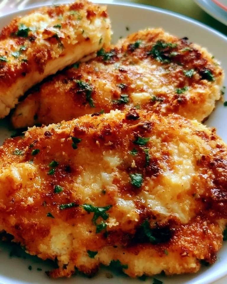 Delicious Parmesan Crusted Chicken served on a plate with herbs and side dishes